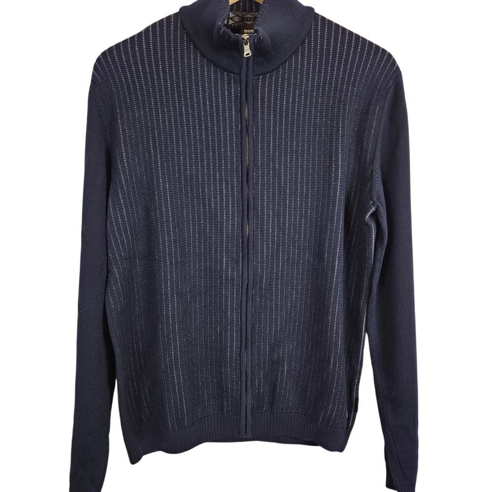 Hugo Boss Laro lambswool zip up sweater, blue and white‎ knitted, size men's M